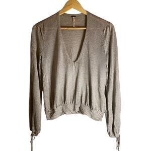 Free People Tan V Neck Balloon Tie Sleeve Top Size SP